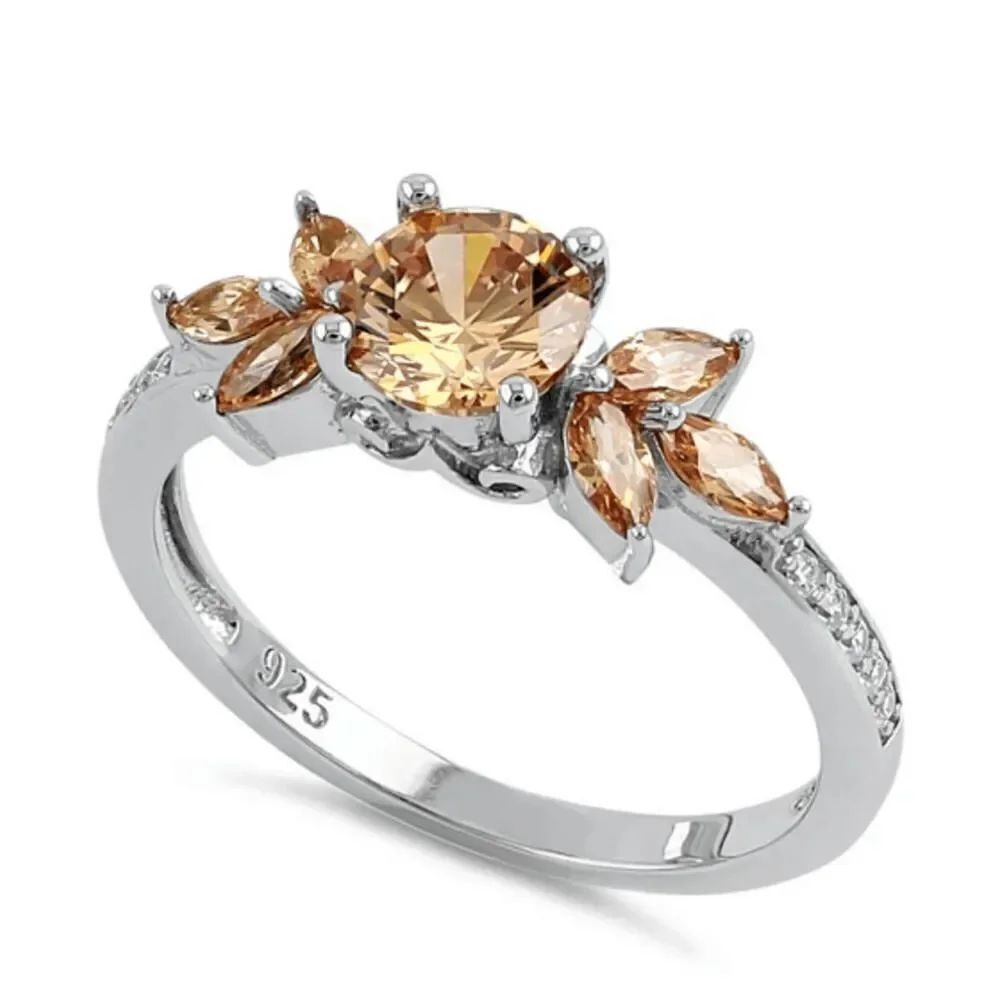 Sterling Silver Flower Leaves Champagne CZ Ring New